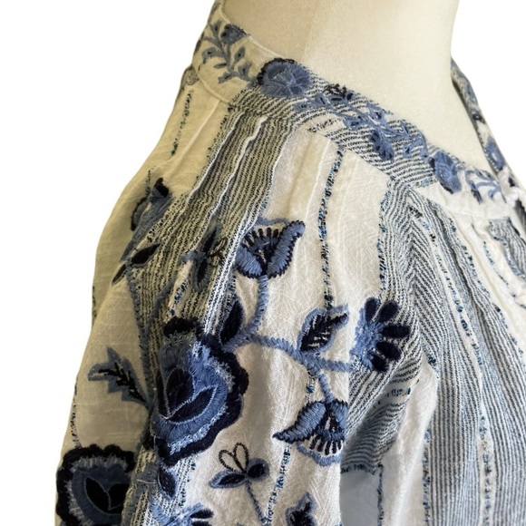 New Directions Embroidered Boho Split Neck Peasant Blouse Blue White Tassels XL - Picture 6 of 16